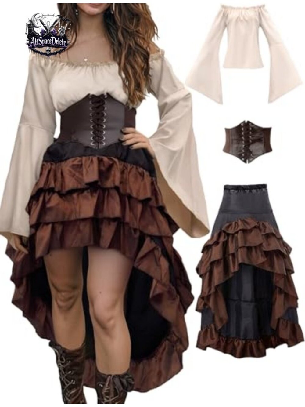 Off-Shoulder Corset Blouse High Low Skirt Pirate Costume
